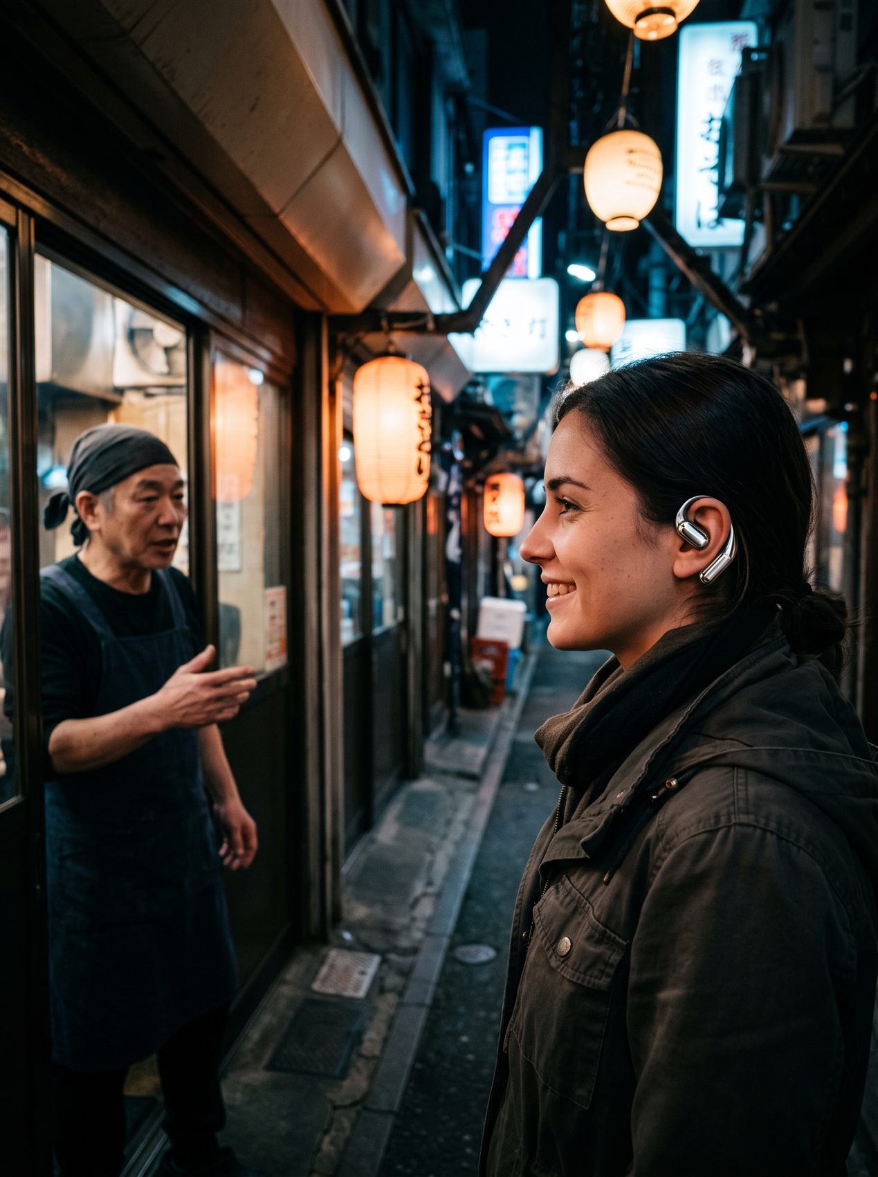 Viajera hablando con un tendero en Tokio